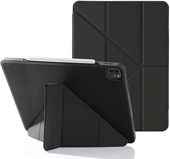 MuyDoux Case for iPad Pro 12.9 Inch 2021/2020/2018 with Pencil Holder, 5-in-1 Multiple Viewing Angles, Smooth Silicone Cover & Soft TPU Back, Auto Sleep/Wake & Pencil 2 Charging Smart Folio (Black)