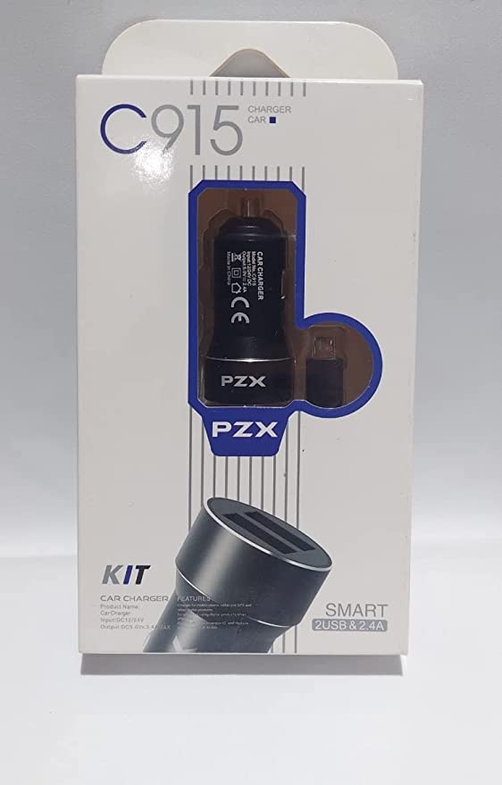 Metal Car Charger Pzx C915, 2 USB with 2.4A Micro Cable