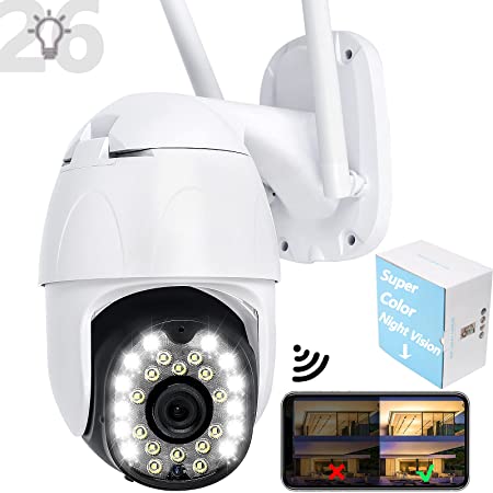 CCTV Camera with Pure Clean Color Night Vision, 26 Floodlights Auto Tracking Security Camera Outdoor with Pan Tilt, 1080P WiFi Wireless PTZ Home IP Camera, Motion Detection, 2-Way Audio