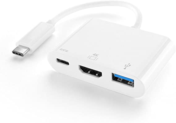 TNP USB Type C to HDMI + USB Type A + Type C Power Charging Port Multi Hub Combo Adapter - USB-C to SuperSpeed Standard USB 3.0, 4K UHD 1080P HD Video Audio Converter Connector Cable Plug Wire Cord